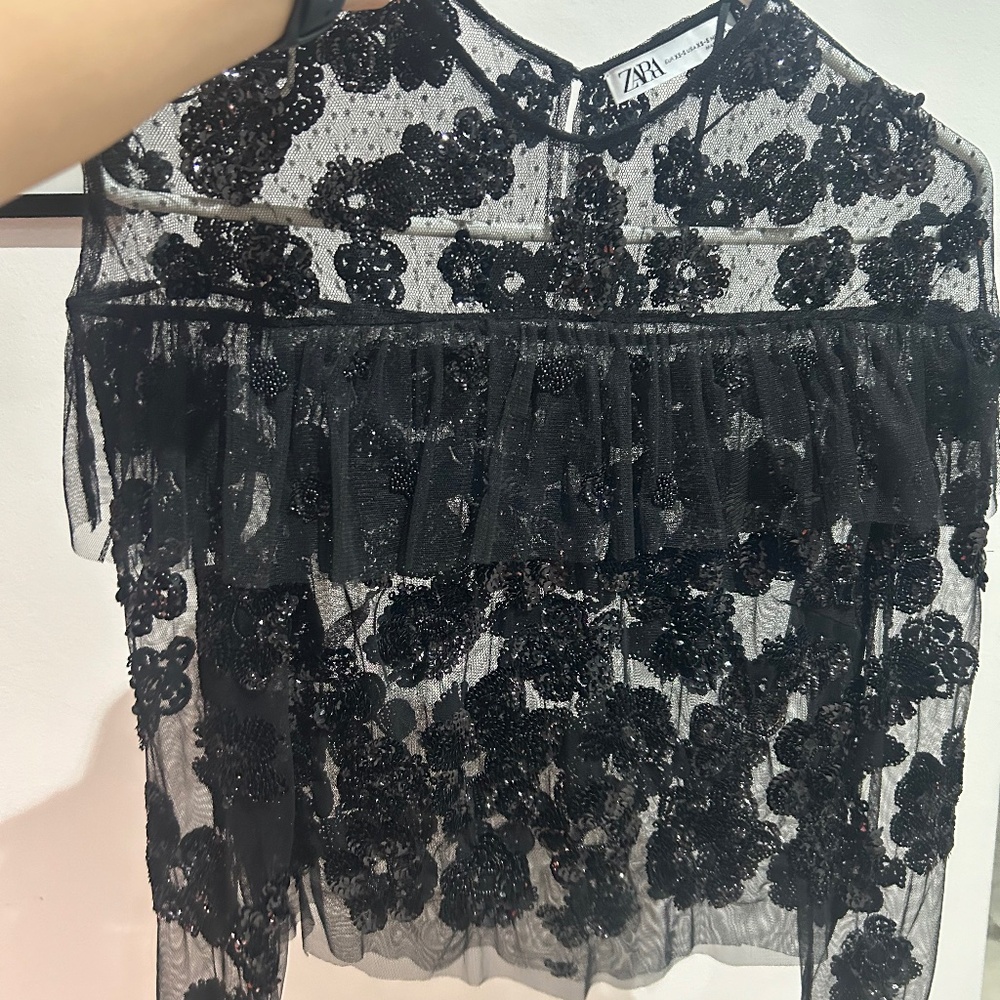 Zara sequin sheer floral black blouse